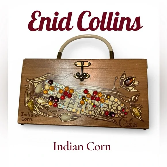 Vintage Enid Collins Texas Indian Corn Wood Box Purse Signed Mirror Inside - Picture 7 of 16